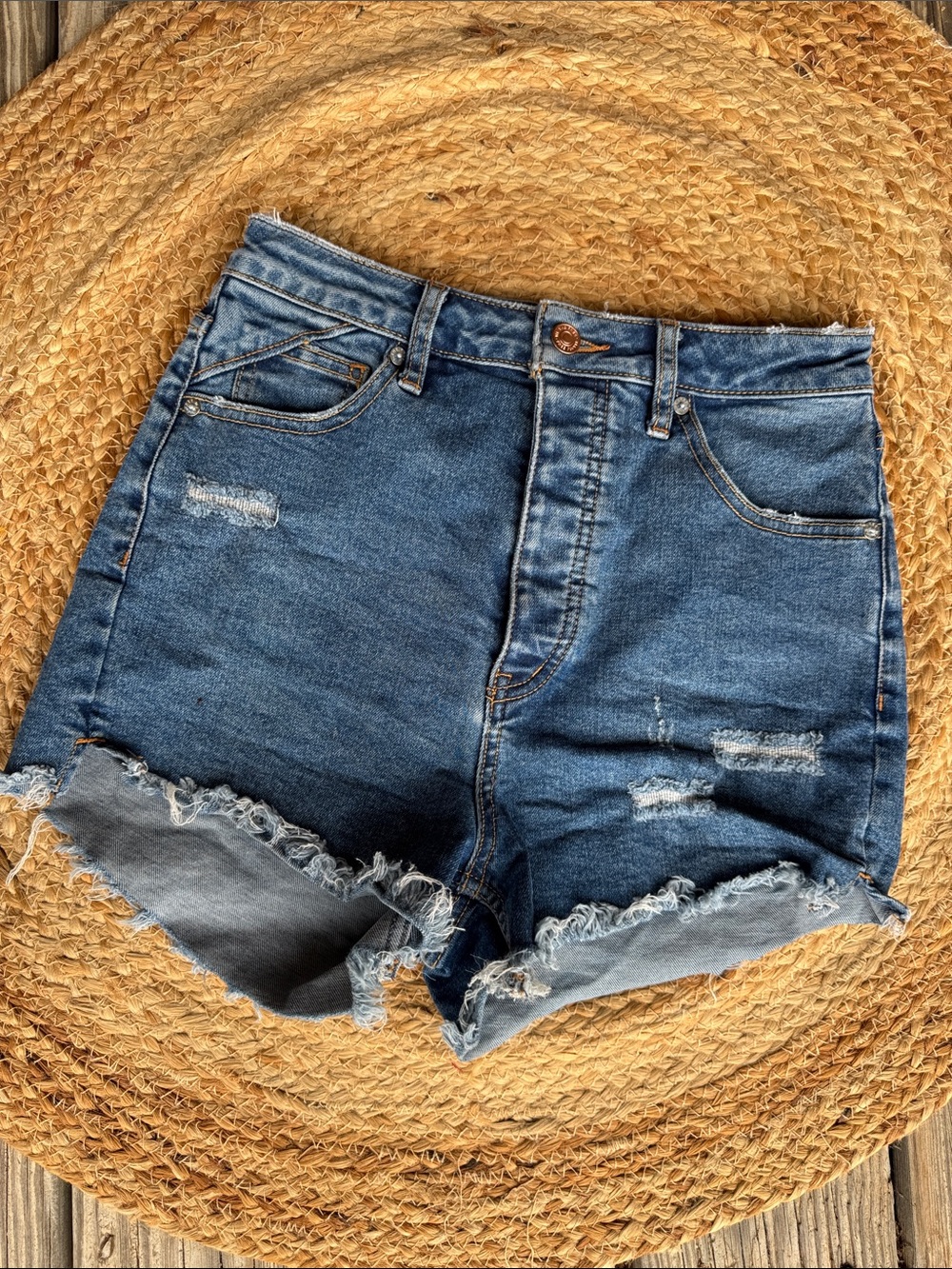 We The Free Distressed High-Rise Denim Shorts in Blue